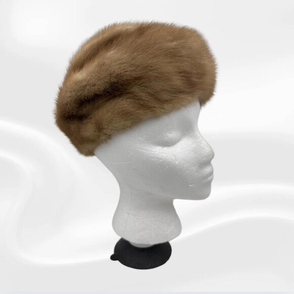 Genuine Mink Pillbox Hat- Warm Honey-Brown, Fully Lined, Fur, Cossack, Vintage - Picture 2 of 6